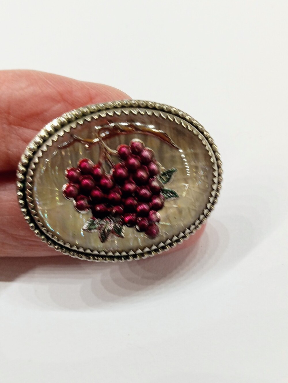 Antique Goofus Glass Grapes Brooch Reverse Painted Glass